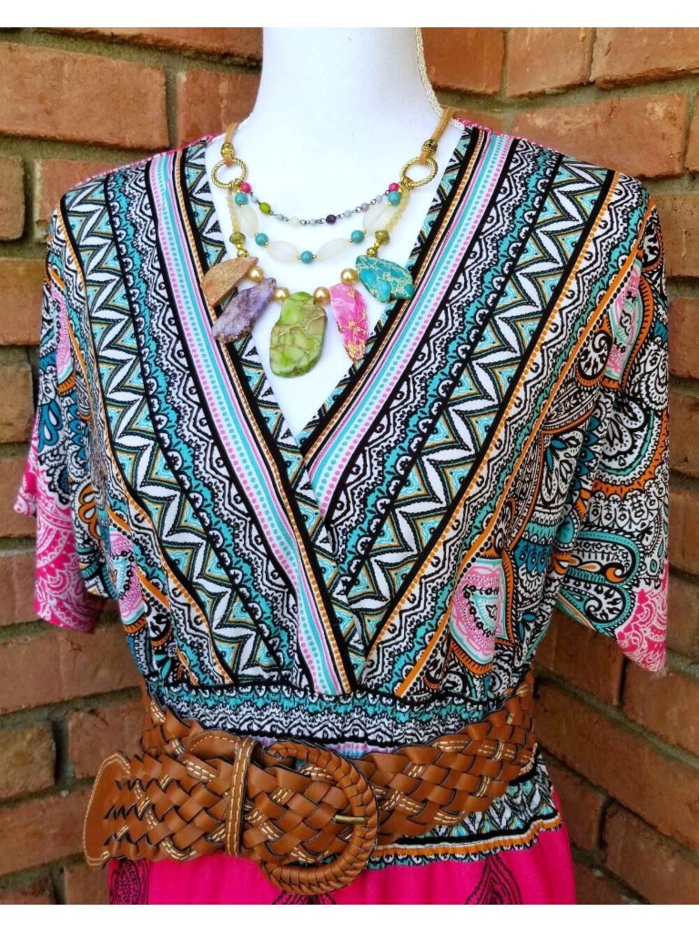 Boho Paisley Maxi Dress Pink Turquoise V-Neck Festival Resort Summer Dress Sz L - Picture 5 of 12